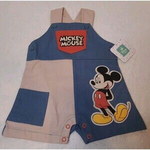 Disney Baby Mickey Mouse Colorblock Twill Overalls Romper 12M Blue Tan Short